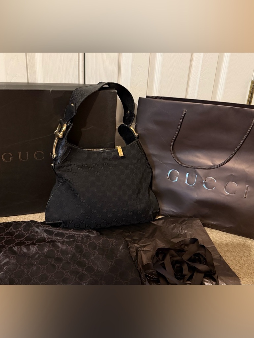 Gucci Creole Black GG Canvas Horsebit Hobo handBag Gold Hardware shoulder purse